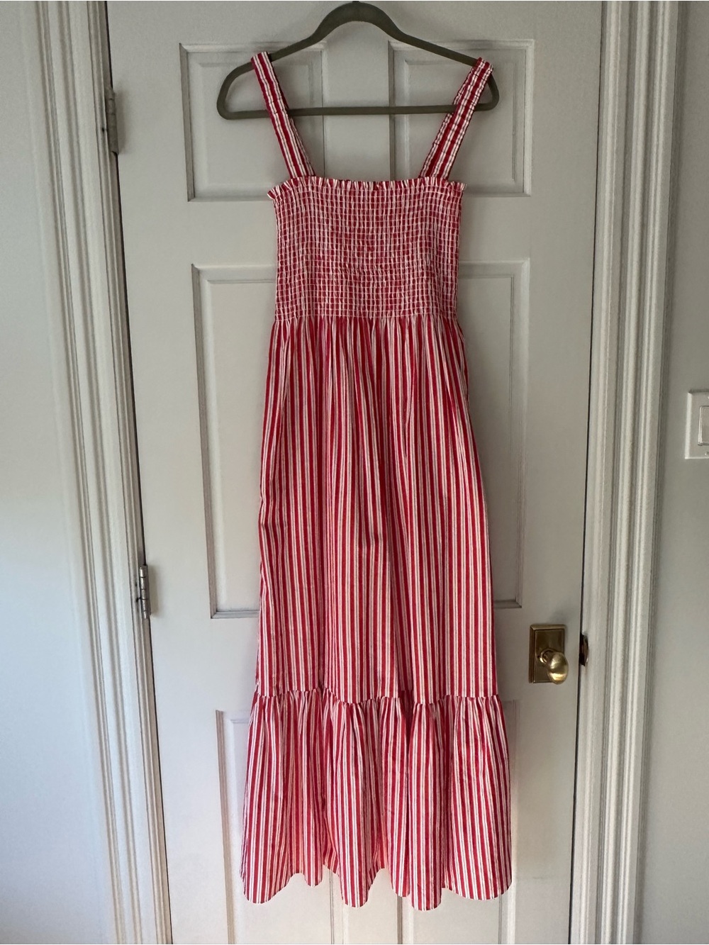 Hill House Red and White Striped Smocked Maxi Dress
